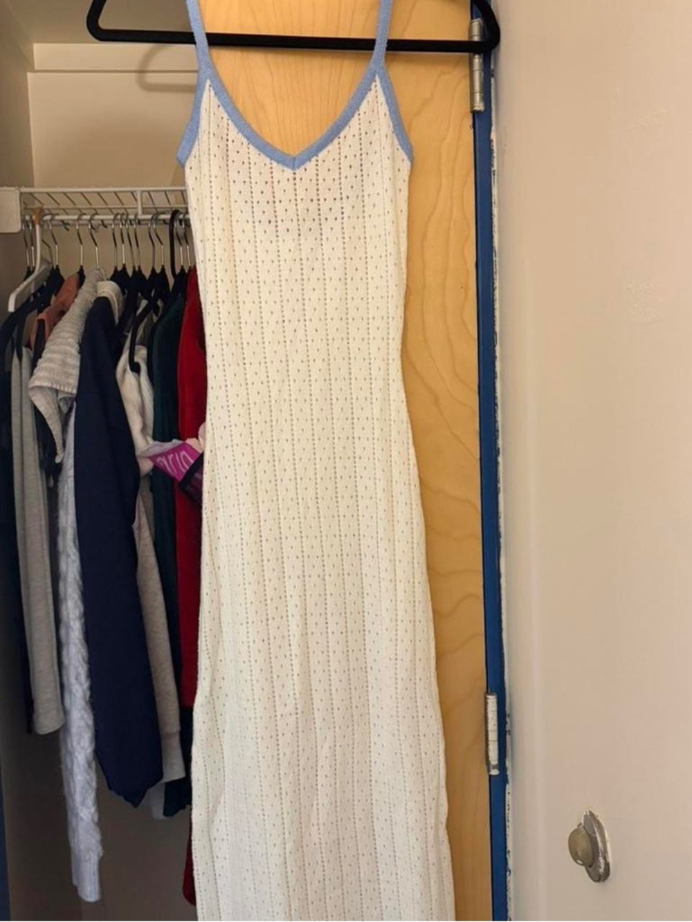 Cream Knit Maxi Dress with Blue Trim - Picture 4 of 5